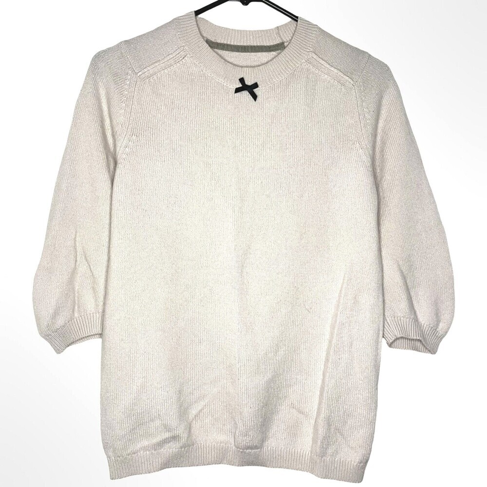 Brochu Walker Sweater Womens XS Cream Cashmere Cotton Pullover 3/4 Sleeve Bow